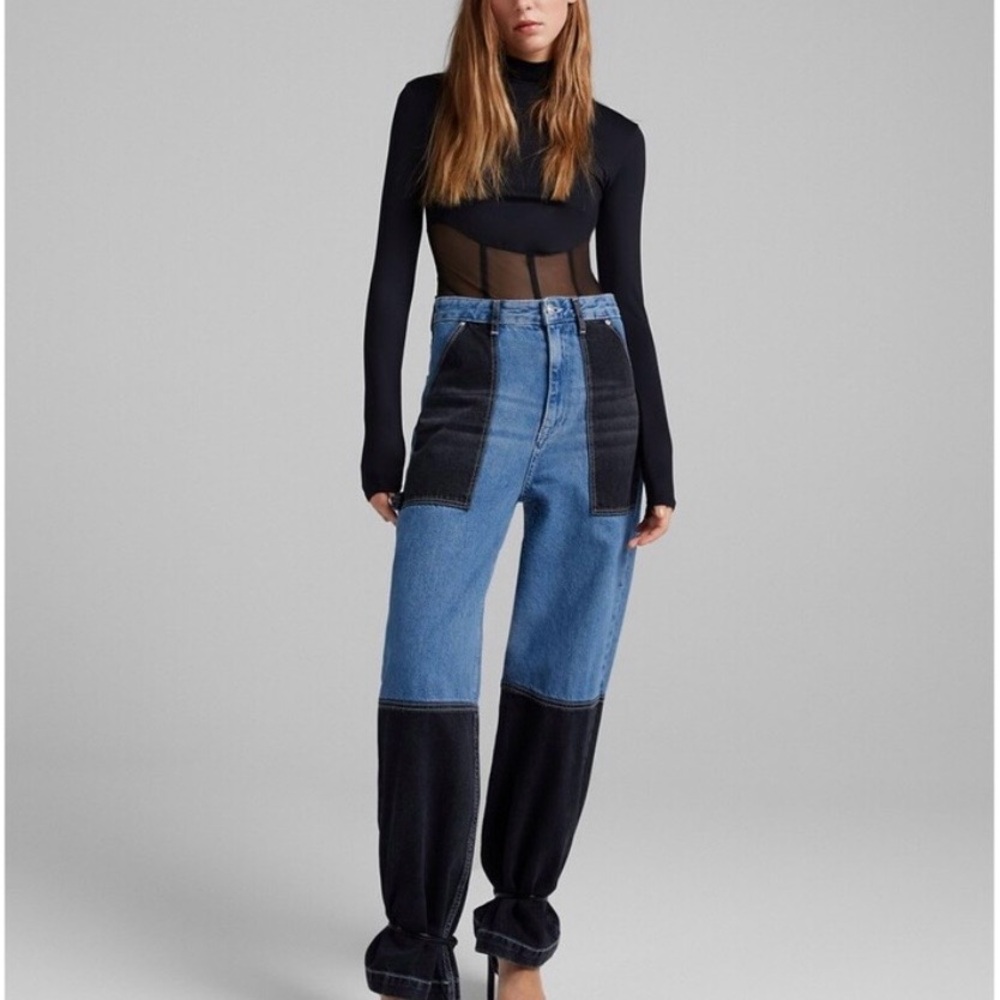 Bershka Two-Tone Blue and Black Patchwork Boyfriend Jeans